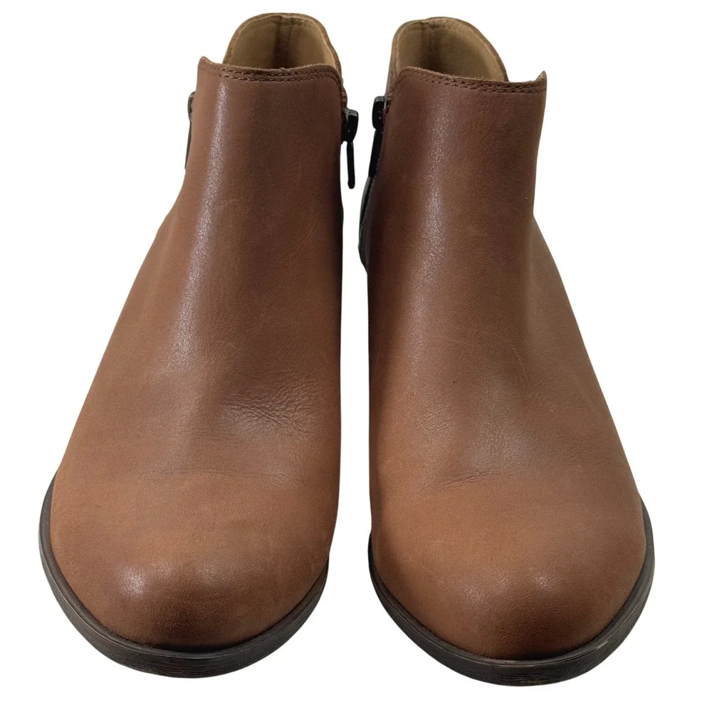 Lucky Brand Burklee Ankle Boots Women 9.5 Cognac Leather Side Zip Western Casual